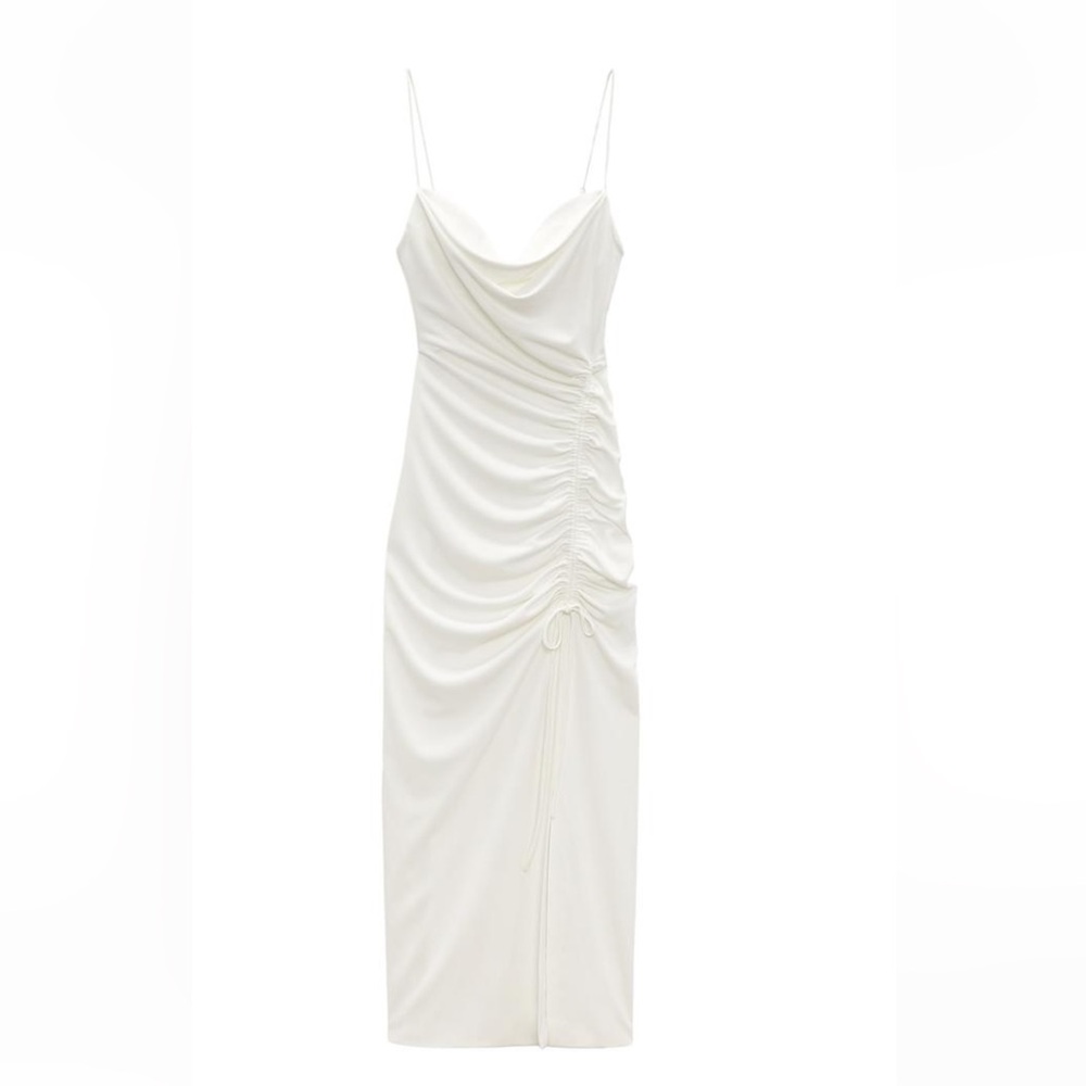 Zara White Draped Midi Dress 
Never worn Fabulous for vacation or bridal events